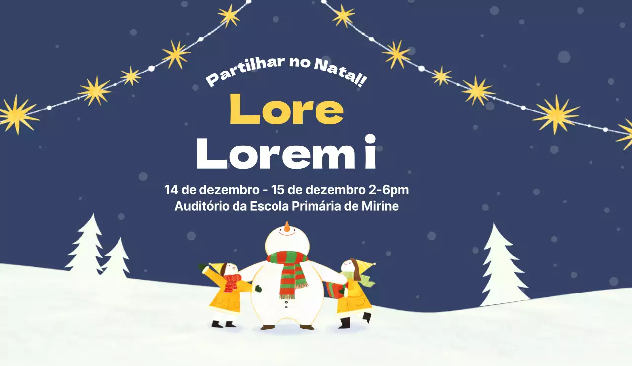 Natal com uma pessoa gira numa colina com neve, ilustração de um boneco de neve, desenho para promover um bazar de caridade de inverno