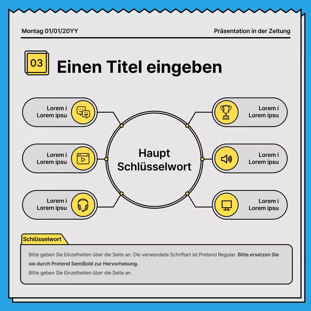 Mutige, aufmerksamkeitsstarke Karte News in einem Zeitungskonzept mit gelben und hellblauen Akzentfarben
