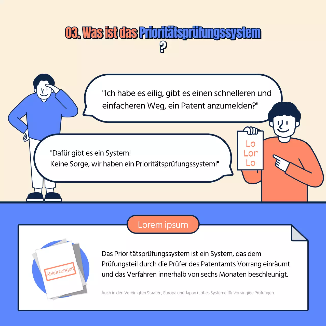 Informationskarte zur Patentanmeldung in Beige, Blau und Orange News