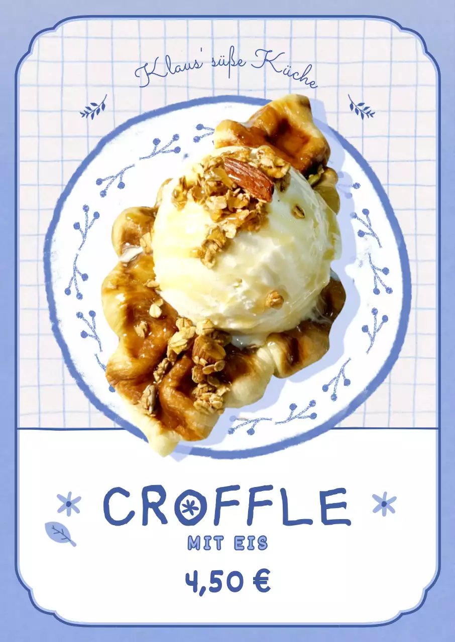 Croffle auf einem mauvefarbenen, illustrierten Teller