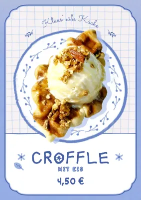 Croffle auf einem mauvefarbenen, illustrierten Teller