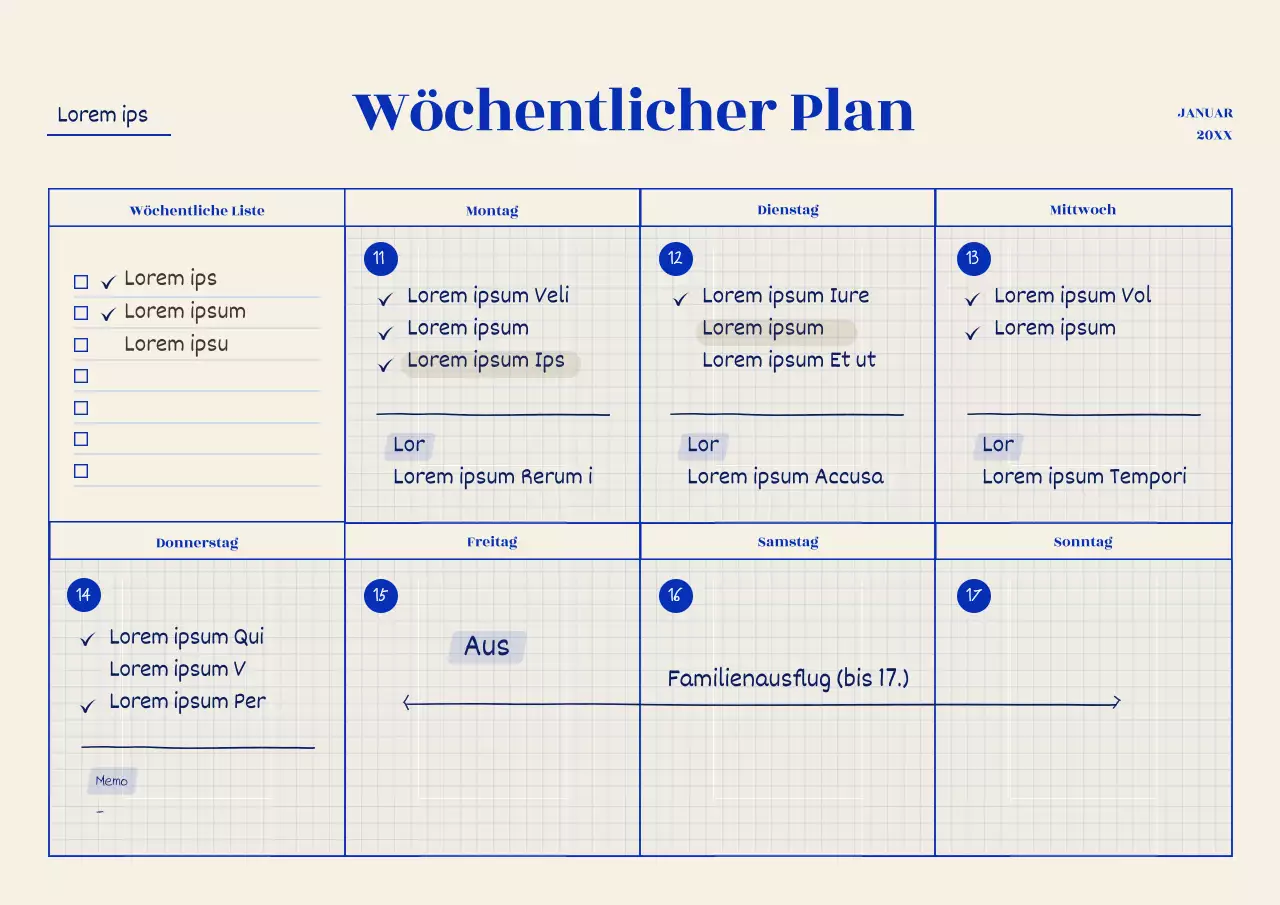 Good Note Weekly mit einem blauen Gitterkonzept