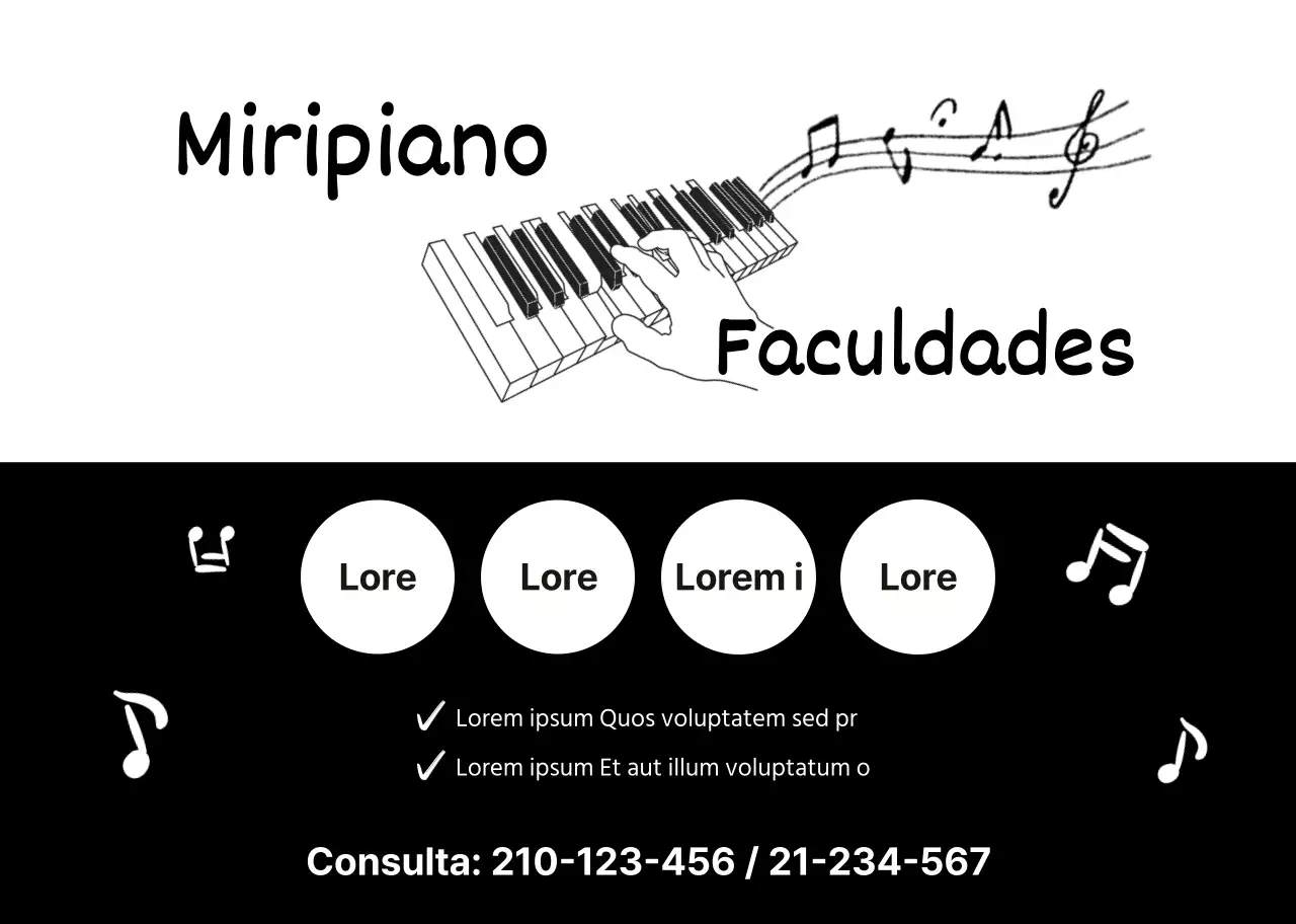 ilustração preto branco simples promocional escola de piano