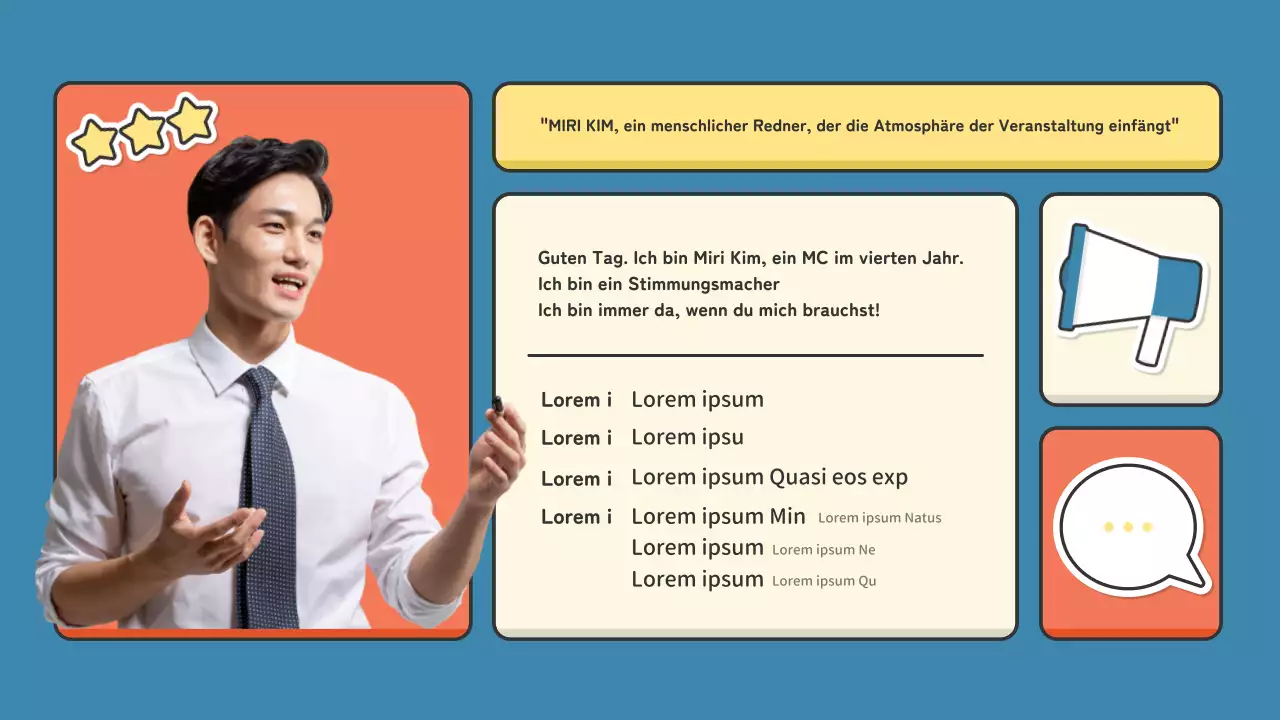 Ein Portfolio für Moderatoren in der Performance-Branche mit einem niedlichen rot-grünen Aufkleberkonzept