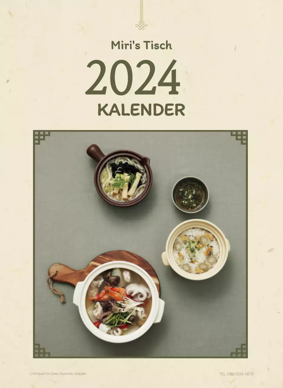 Traditioneller koreanischer Restaurantkonzept-Gutscheinkalender in Beige und Braun
