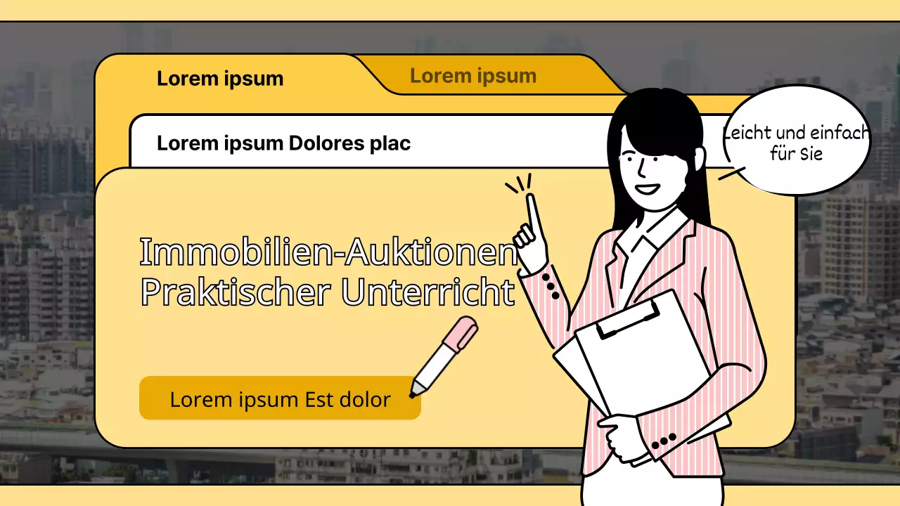 Vortrag zur Immobilienauktion mit gelbem, ordnerähnlichem Titel zur Hervorhebung des Konzepts