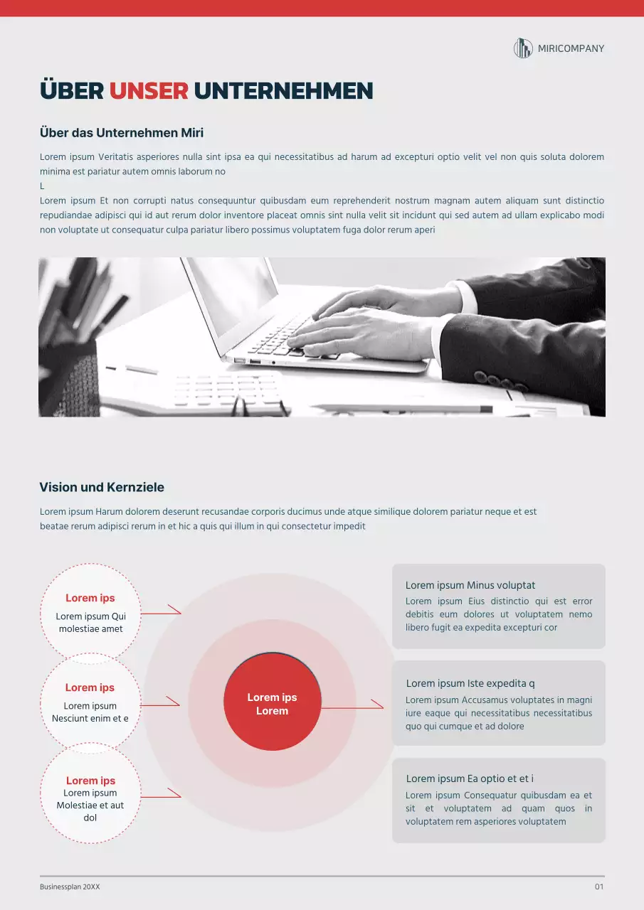 Grafikkonzept Businessplan in Marineblau und Rot