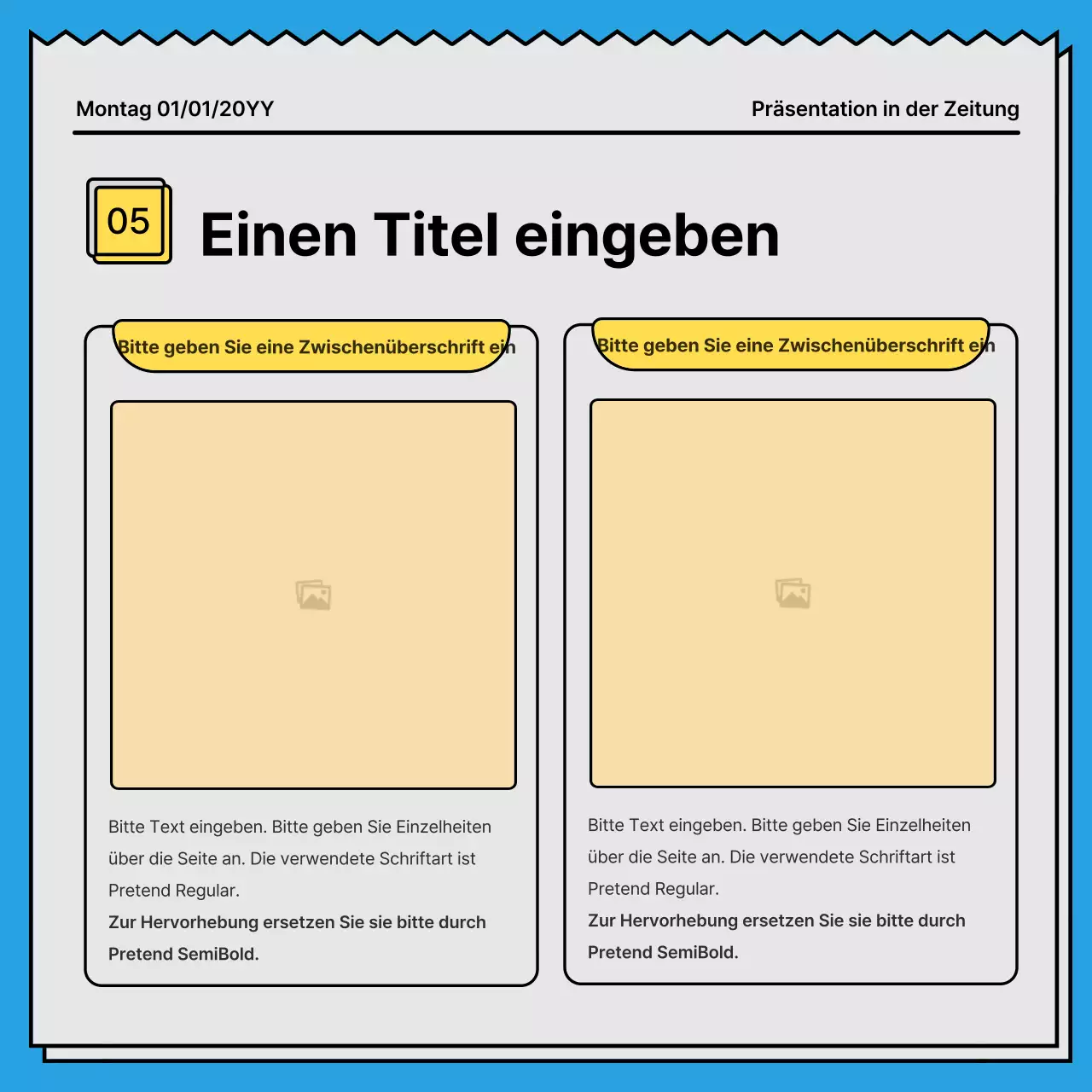 Mutige, aufmerksamkeitsstarke Karte News in einem Zeitungskonzept mit gelben und hellblauen Akzentfarben