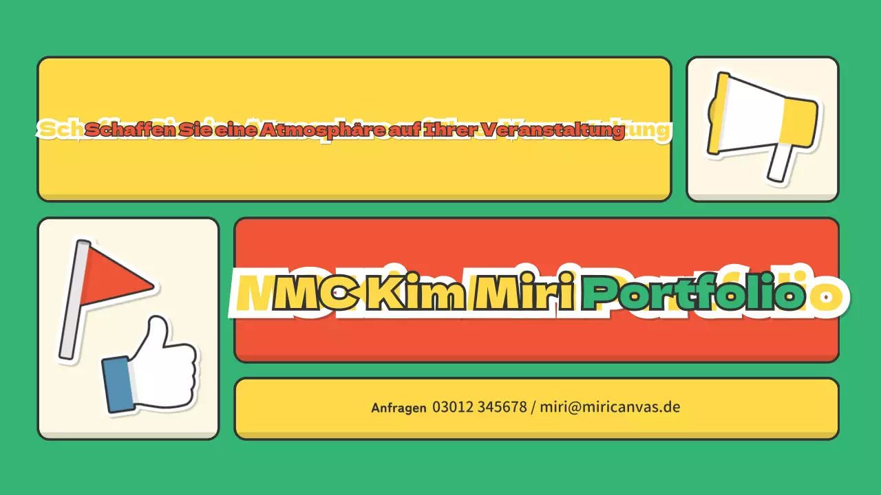 Ein Portfolio für Moderatoren in der Performance-Branche mit einem niedlichen rot-grünen Aufkleberkonzept