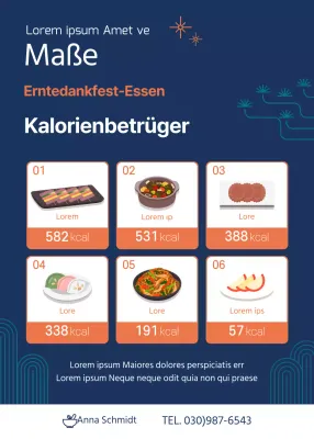 Übersichtlich illustrierter Kalorienführer für den Urlaub in den Farben Marine und Orange