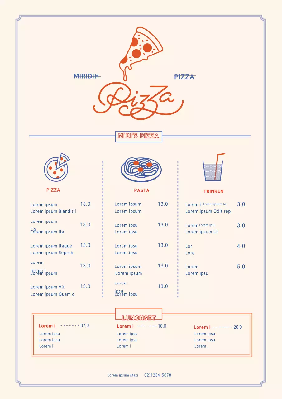 Niedlicher blauer und roter Charakter Illustration Pizzeria-Flyer