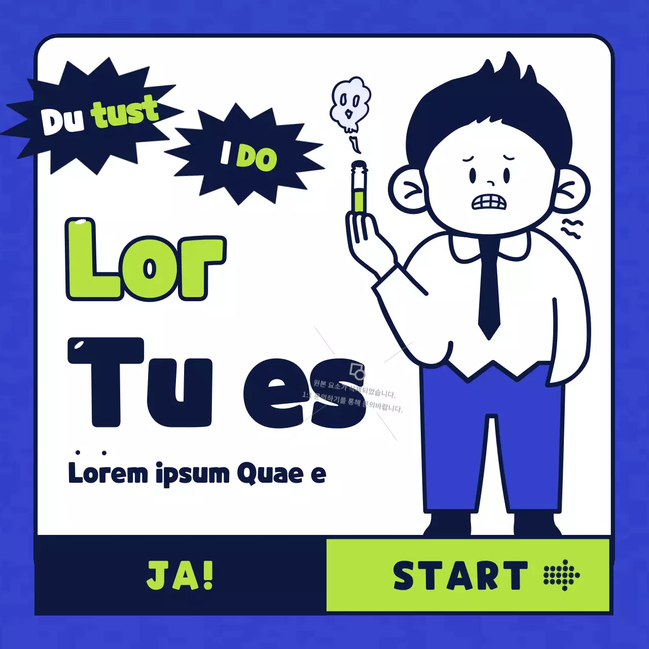 Einfache Zeichenillustration in Blau und Chartreuse, die eine tabakfreie Gesundheitsklinik vorstellt.