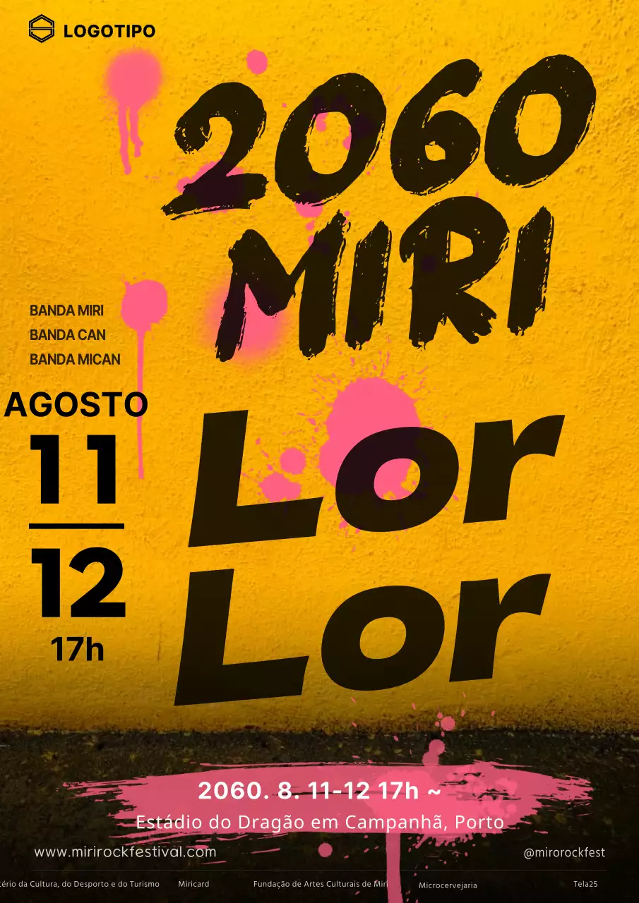Festival de rock com texto de graffiti realçado num fundo amarelo