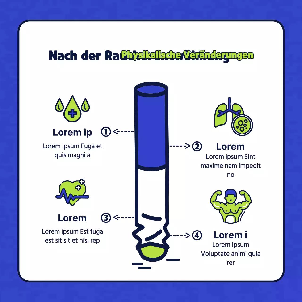 Einfache Zeichenillustration in Blau und Chartreuse, die eine tabakfreie Gesundheitsklinik vorstellt.