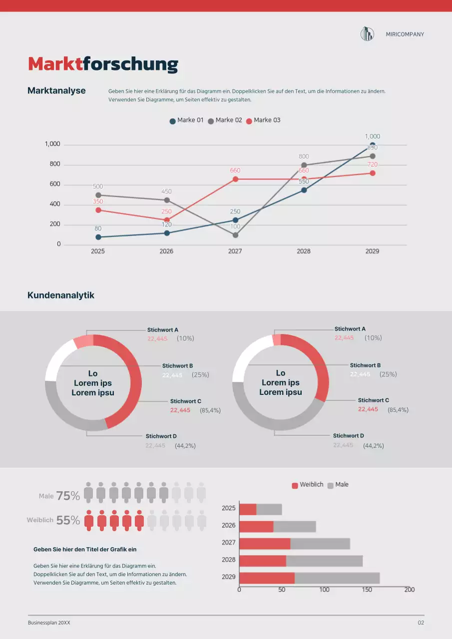 Grafikkonzept Businessplan in Marineblau und Rot