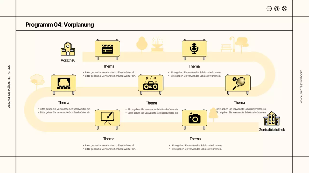 Elfenbeinfarbene und gelbe Rahmen markieren den Vorschlag für ein Universitätsfest