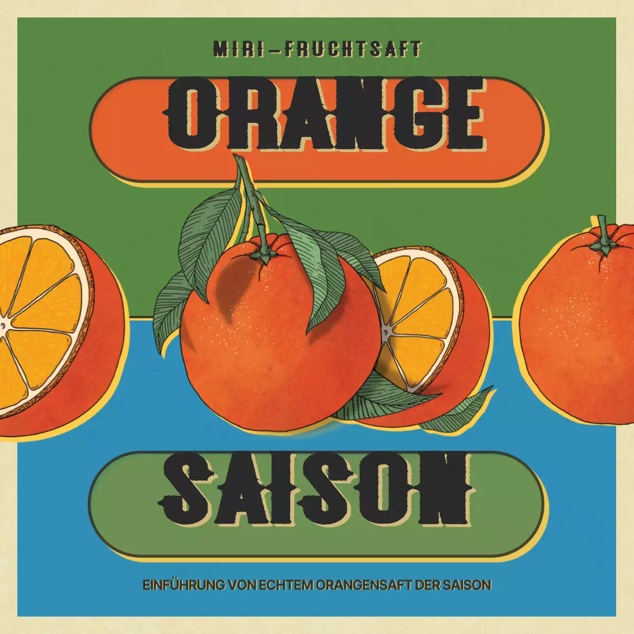 Orange-grünes Pop-Art-Konzept führt saisonales Obstmenü ein
