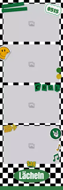 Kitschiger, von Aufklebern inspirierter vierfarbiger Fotorahmen in Grün und Gelb