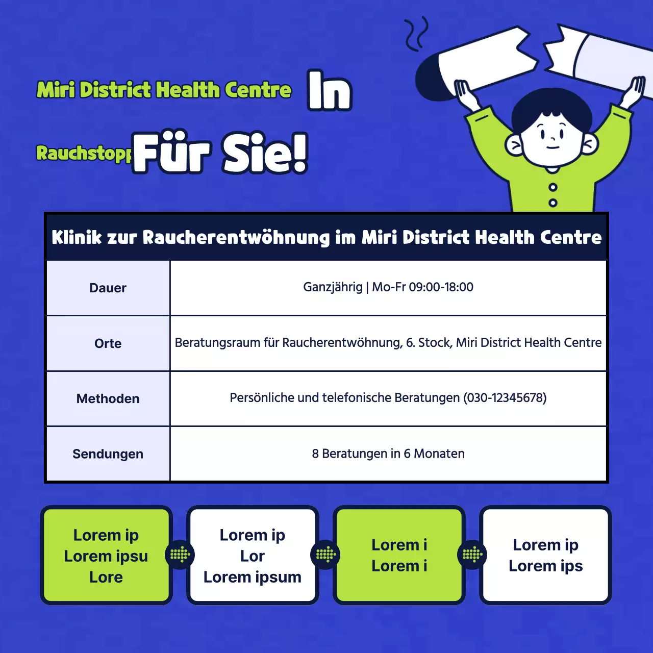 Einfache Zeichenillustration in Blau und Chartreuse, die eine tabakfreie Gesundheitsklinik vorstellt.