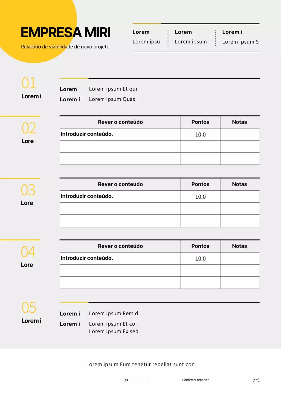 Relatório simples de viabilidade de um novo projeto em amarelo e cinzento