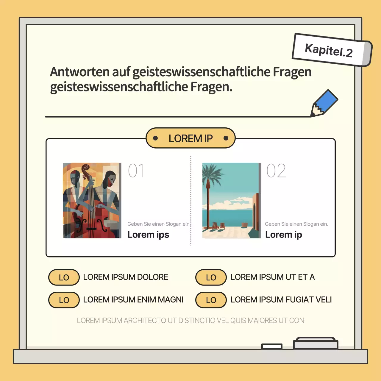 Geisteswissenschaftliche Vorlesung mit gelb-blauer studentischer Kreidetafelillustration