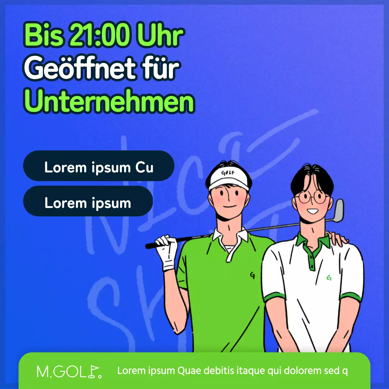 Öffnungszeiten des Golfplatzes in Blau und Chartreuse