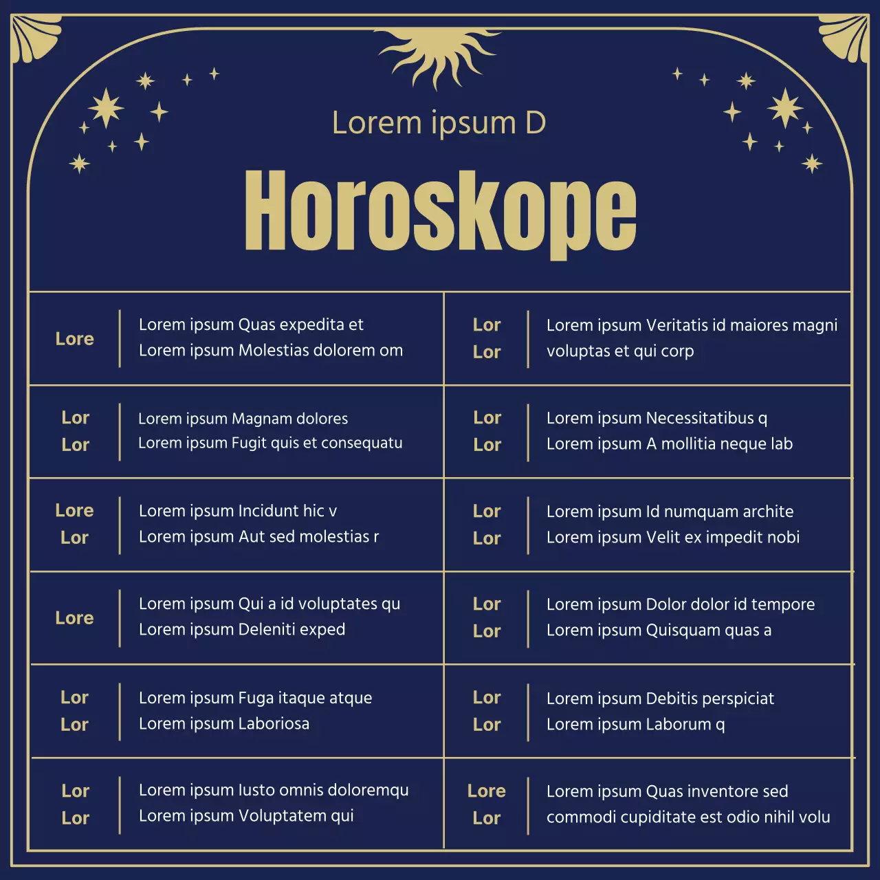 Die Ursprünge und Horoskope der Sterne in mystischen Tarotkarten-Illustrationen in Marineblau und Gold