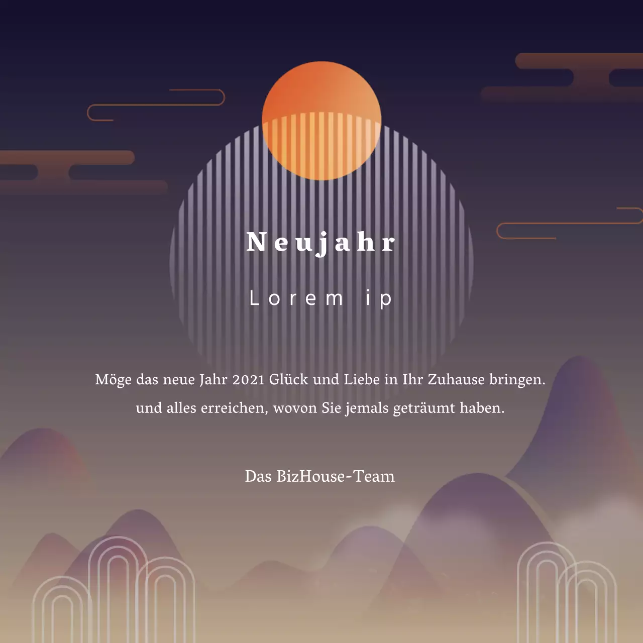 Orange lila Illustration Neujahrsgrüße