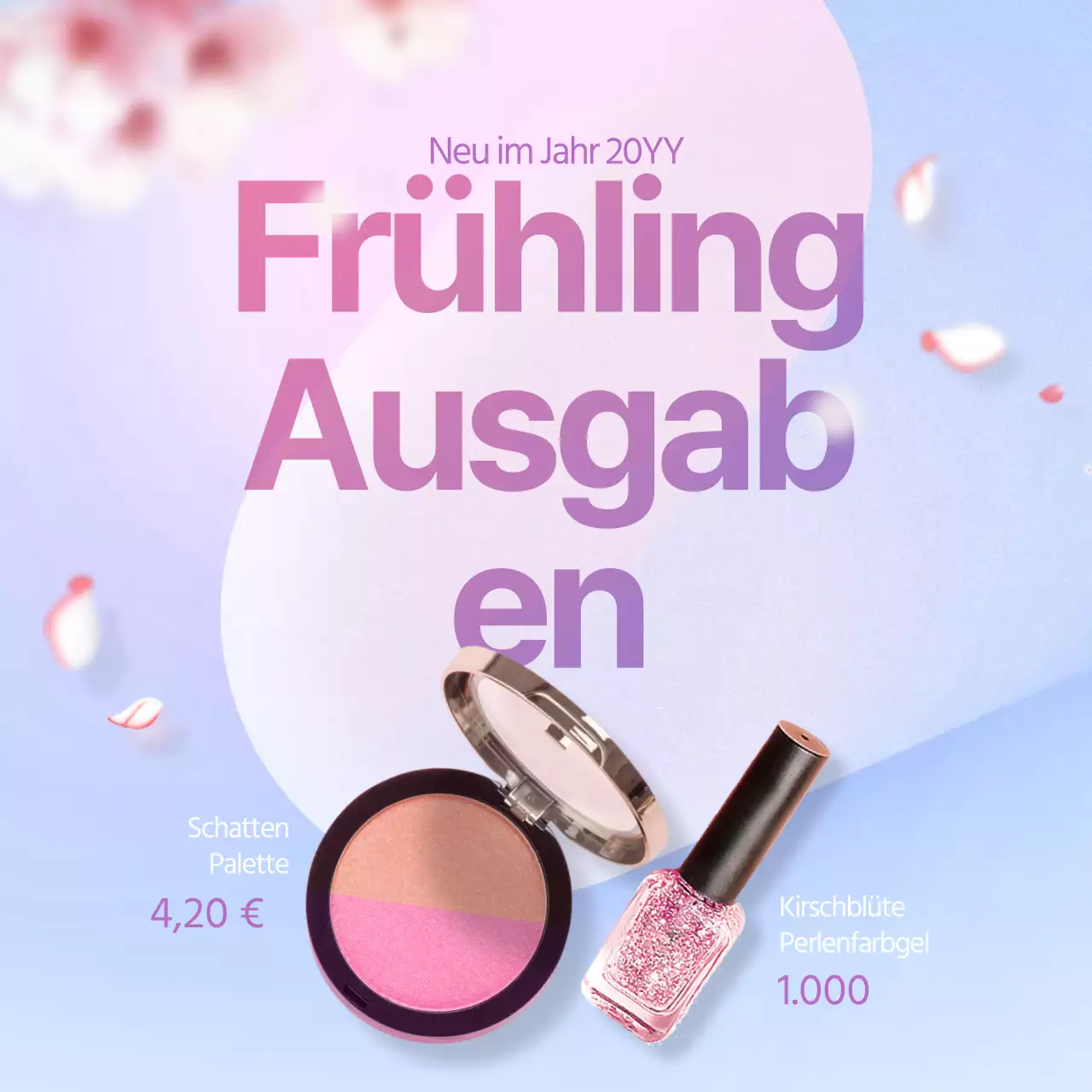 Kosmetika mit fliegenden Blütenblättern vor einem Kirschblütenhintergrund Schönheitsbezogene lila Veranstaltungsbanner