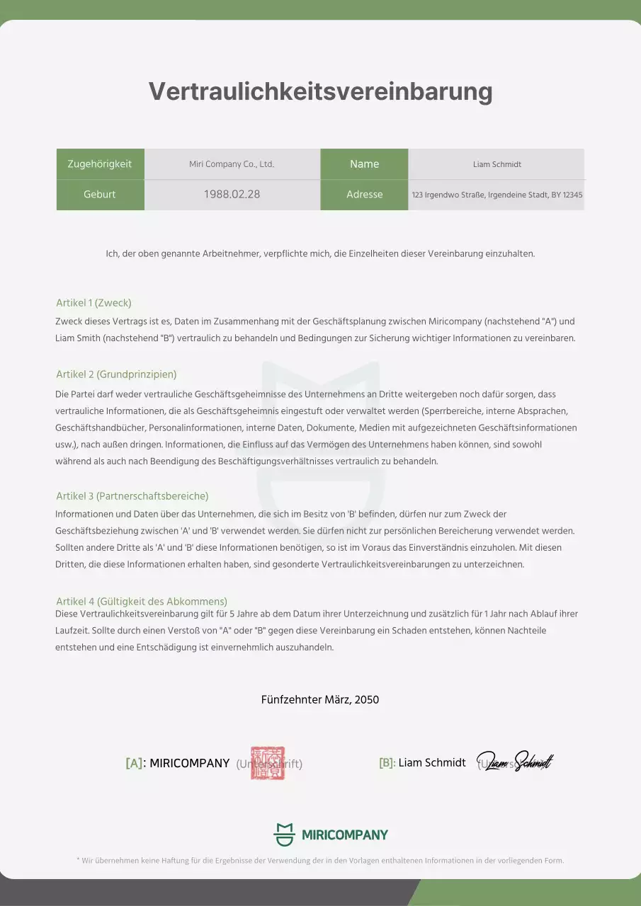 Ein sauberes, lindgrünes Vertraulichkeitsversprechen