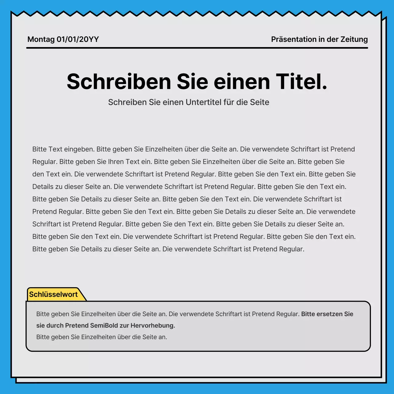 Mutige, aufmerksamkeitsstarke Karte News in einem Zeitungskonzept mit gelben und hellblauen Akzentfarben