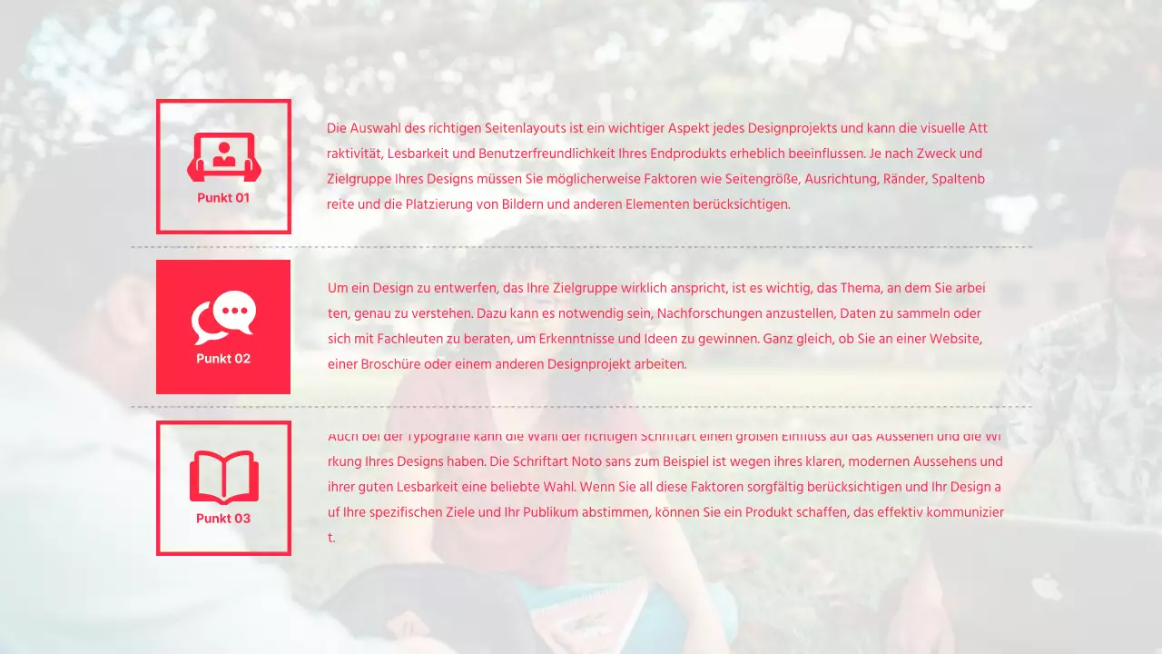 Diskussionsdarstellung der Texthervorhebung und des Fotolayouts in Rot