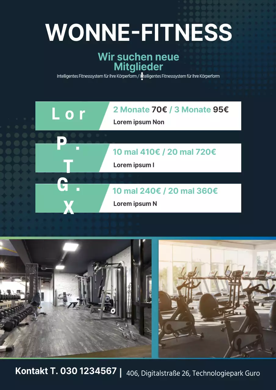 Anwerbung neuer Mitglieder im Fitnessstudio mit Fotos in Marineblau und Mintgrün