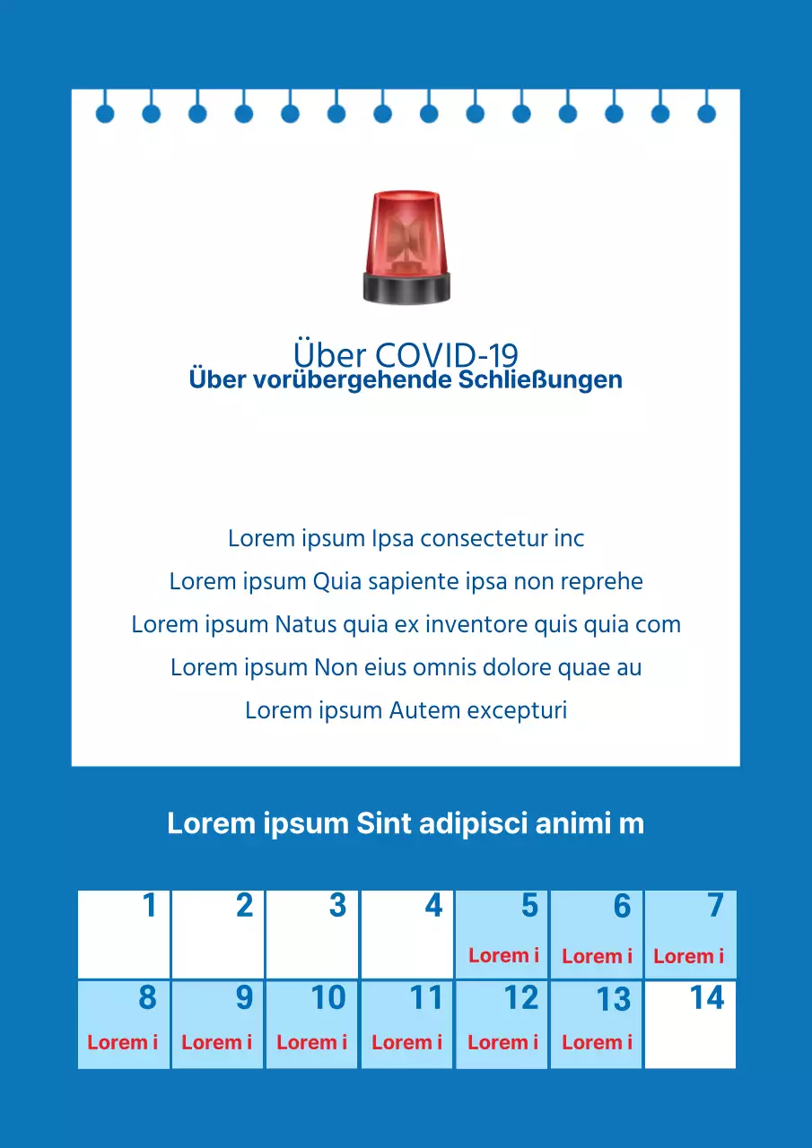 Ankündigung von vorübergehenden Schließungen mit blauem Kalender und Sirenenabbildungen