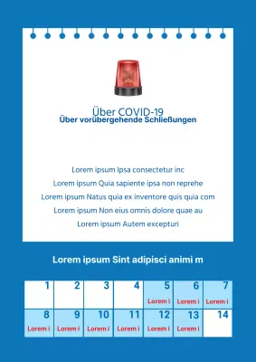 Ankündigung von vorübergehenden Schließungen mit blauem Kalender und Sirenenabbildungen
