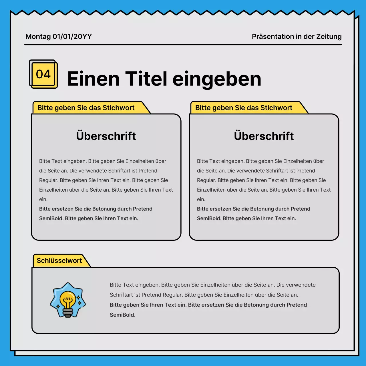 Mutige, aufmerksamkeitsstarke Karte News in einem Zeitungskonzept mit gelben und hellblauen Akzentfarben