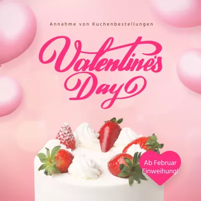 Kalligrafie zum Valentinstag auf einem rosa Luftballonhintergrund und eine Torte mit passendem Kuchen für eine schöne Vorbestellungsaktion