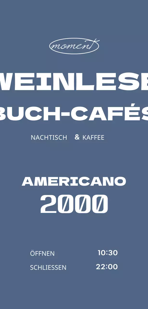 Buch-Café-Schild mit Vintage-Menü auf blauem Hintergrund