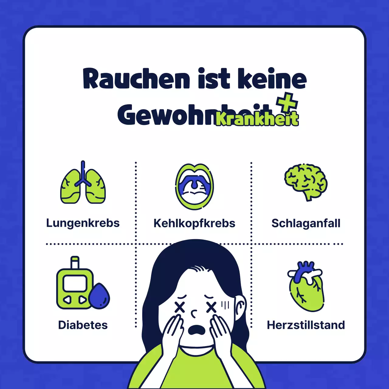 Einfache Zeichenillustration in Blau und Chartreuse, die eine tabakfreie Gesundheitsklinik vorstellt.