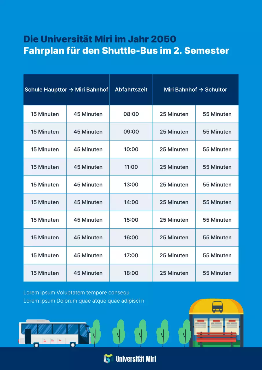 Einfacher Fahrplan des blauen Shuttlebusses