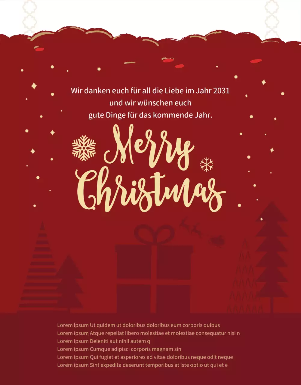 Weihnachtsaktion mit rotem Hintergrund und Baumschmuck