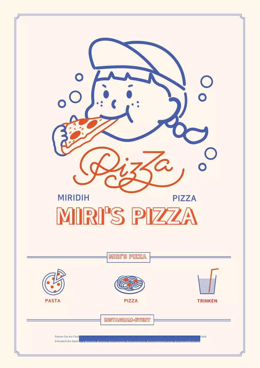 Niedlicher blauer und roter Charakter Illustration Pizzeria-Flyer