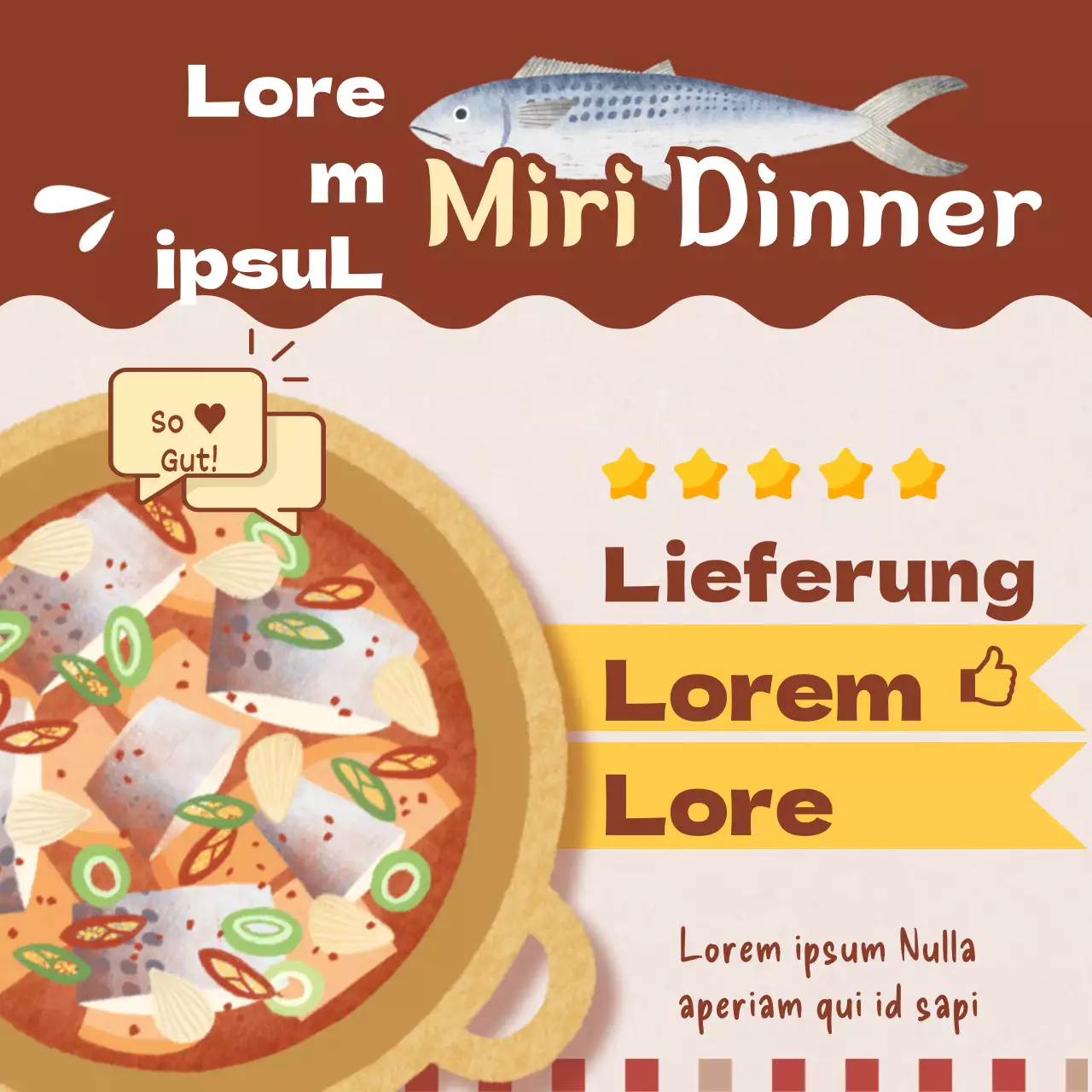 Braune und beige gedämpfte Makrele Restaurant Lieferung Bestellung Überprüfung Ereignis