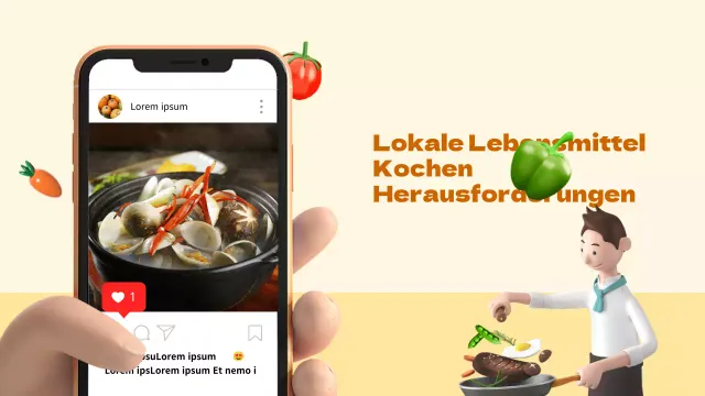 Sauberes Konzept für die lokale Küche mit orangefarbenen, khakifarbenen 3D-Grafiken und fotorealistischen Bildern