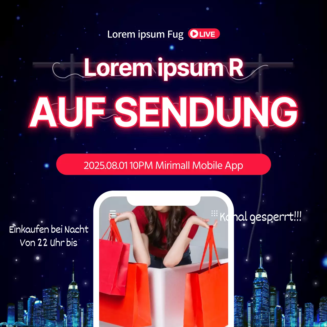 Late Night Shopping auf roten und blauen TelefonrahmenLive on air live shopping