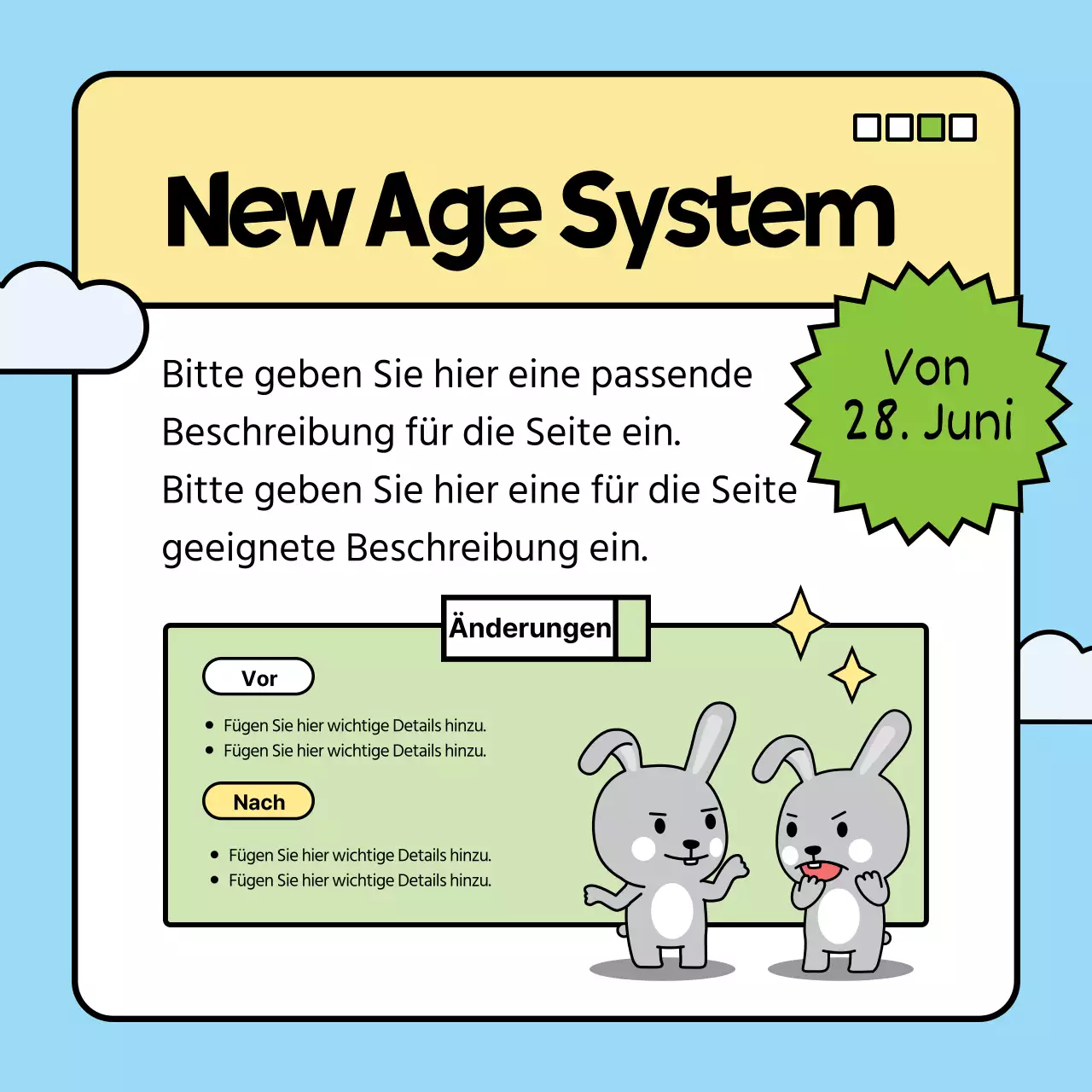 Ein niedliches Häschen in hellblauem und grünem Farbschema stellt die diesjährigen Änderungen der Politik vor