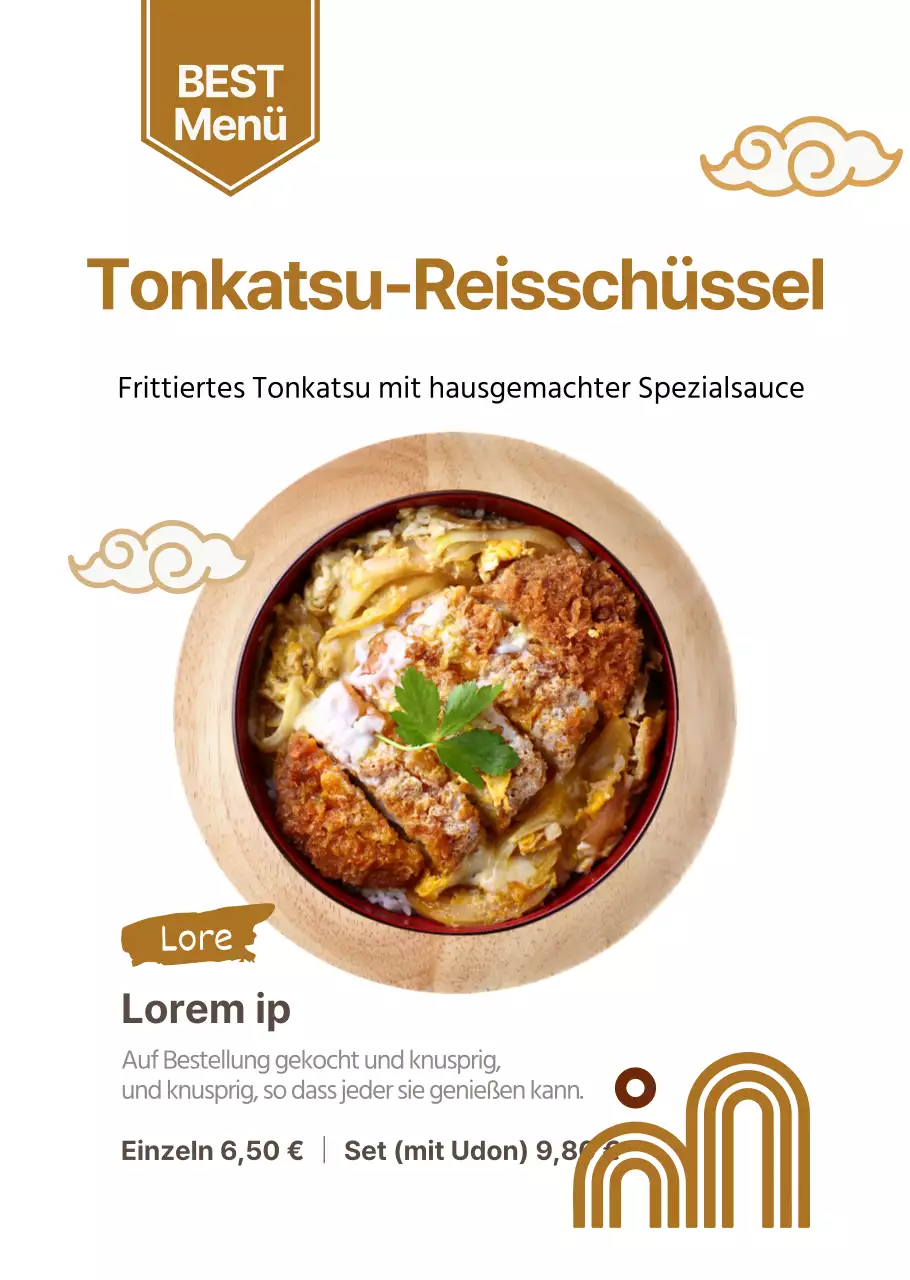 Transparentes Plakat für ein einfaches japanisches Restaurant mit brauner Tonkatsu-Schale