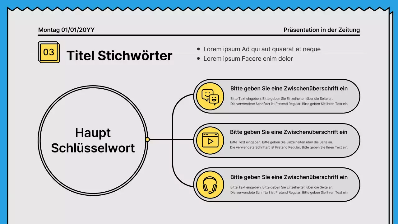 Kräftige Linien und eine aufmerksamkeitsstarke Präsentation in einem Zeitungskonzept mit gelben und hellblauen Akzentfarben