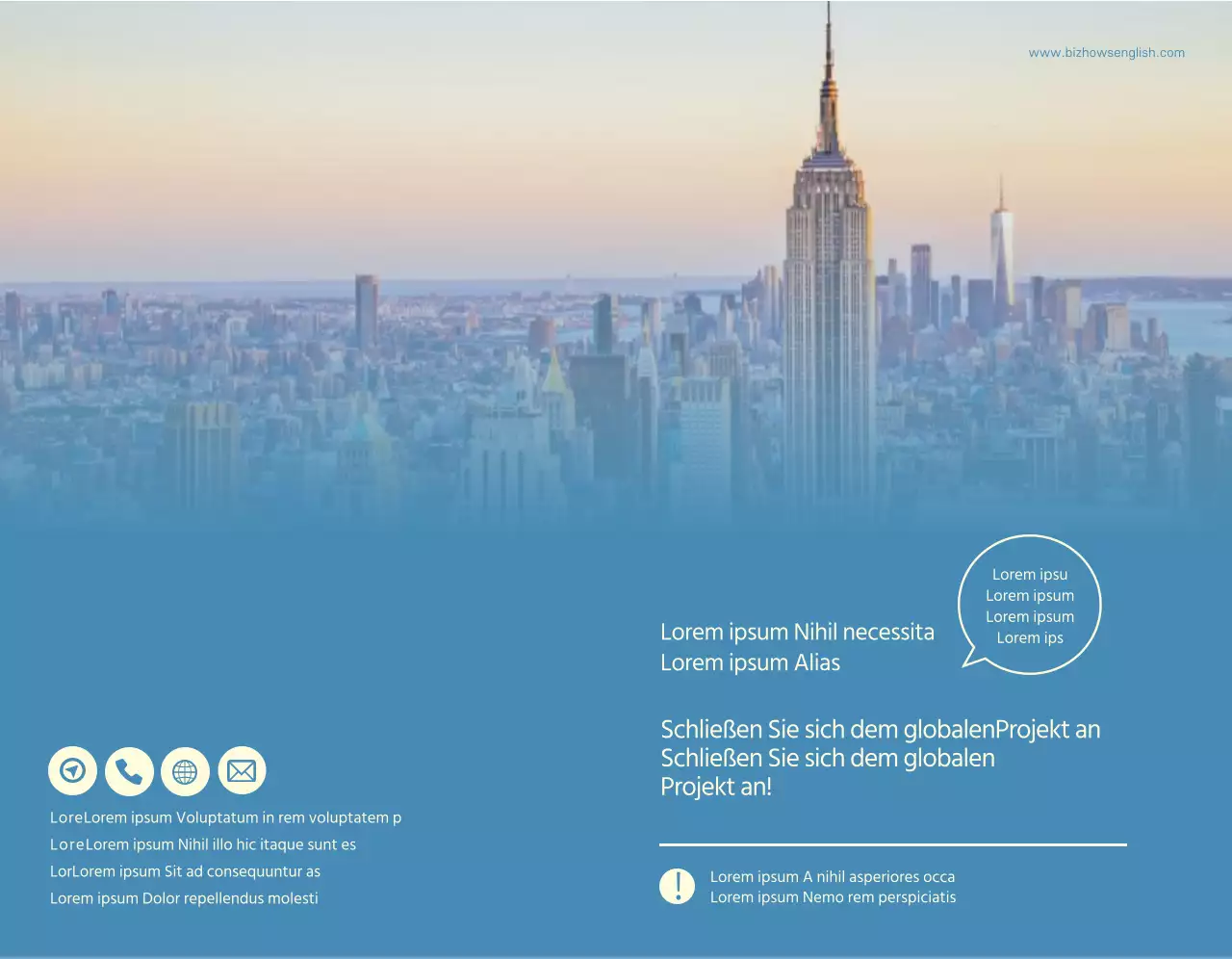 Werbung für eine Sprachschule mit blauen und gelben Fotos von fremden Landschaften