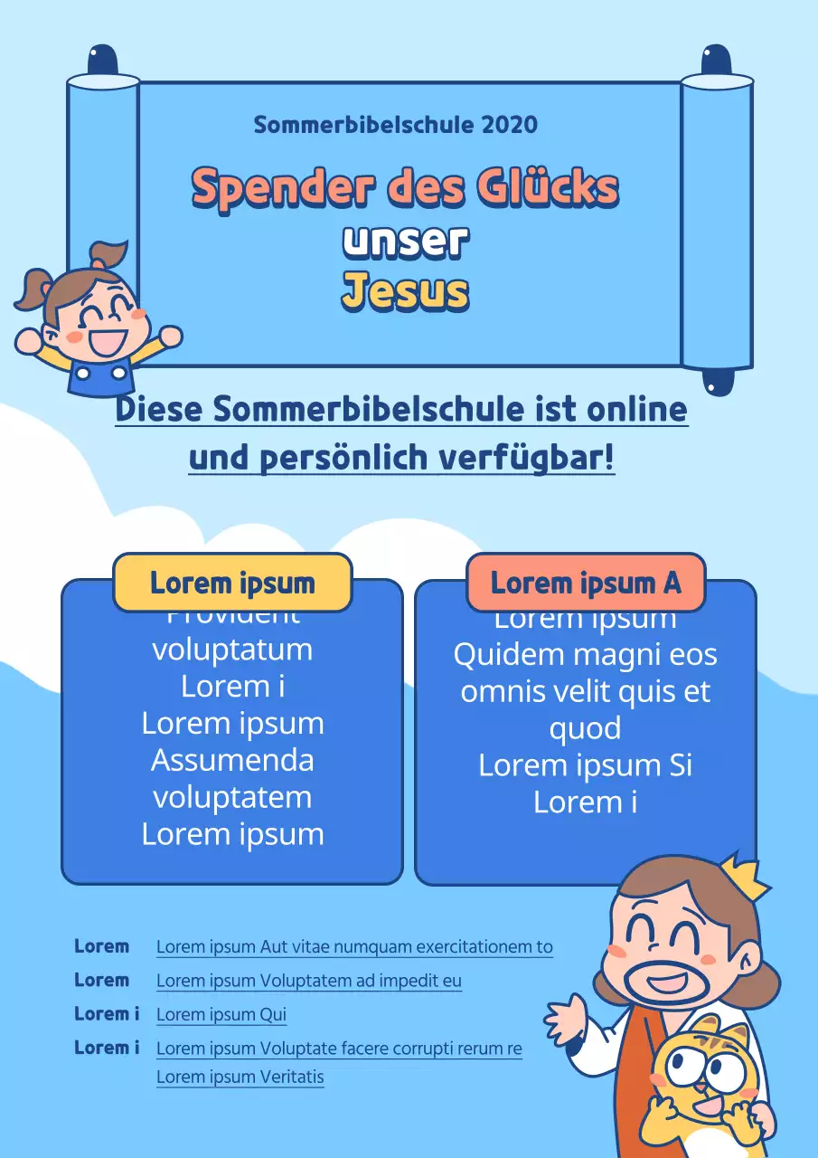 Werbung für eine Online-Ferienbibelschule mit Illustrationen von Charakteren auf einem blauen Meereshintergrund